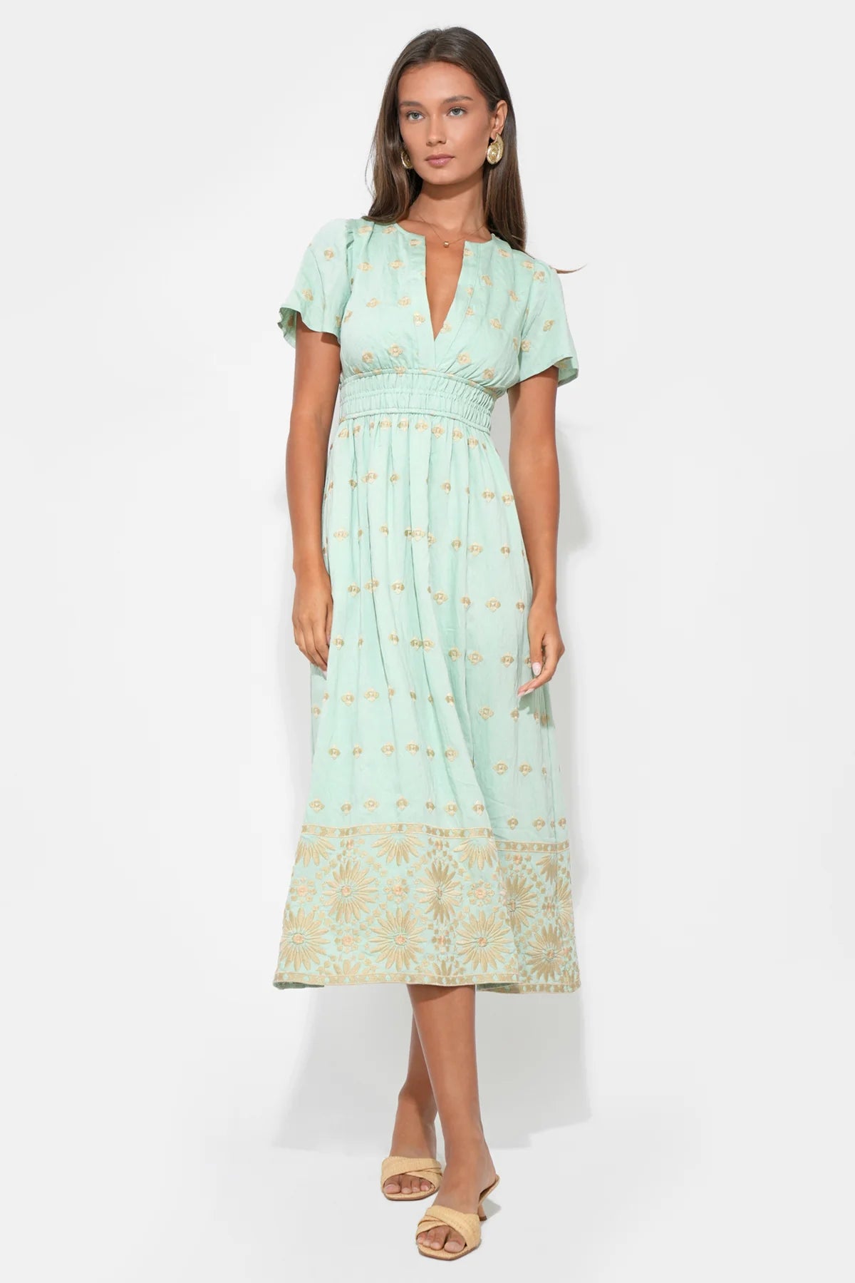 Odessa Embroidery Midi Dress Mint / X-Small Odessa Embroidery Midi Dress Mint / X-Small