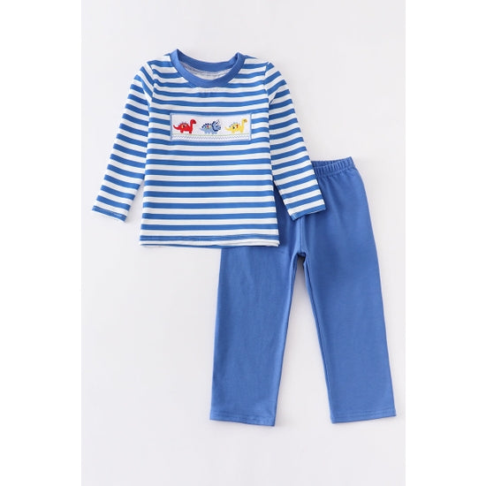 Blue dinosaur stripe boy set - The Pomegranate Boutique