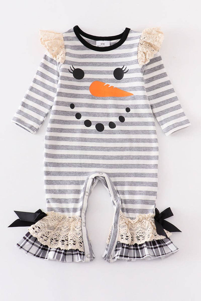 Grey snowman stripe ruffle bow baby romper - The Pomegranate Boutique
