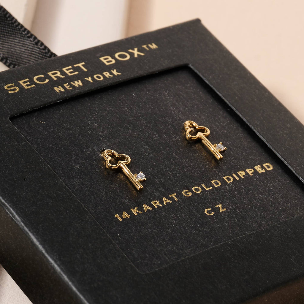 Key CZ Secret Box Gold Dip Stud Earrings - The Pomegranate Boutique